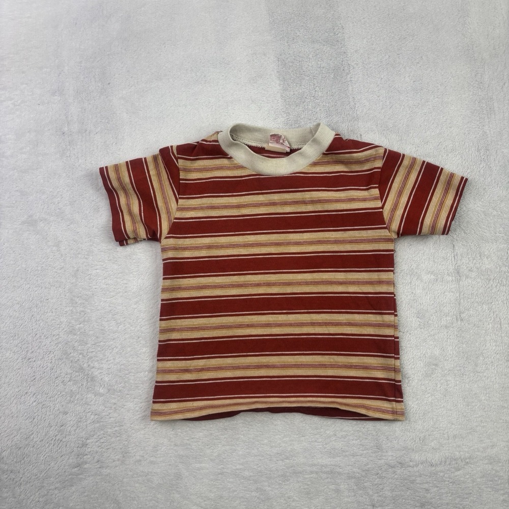 VTG 60s 70s Monogram Red Striped Short Sleeve Shirt Single Stitch Kids SIze 4